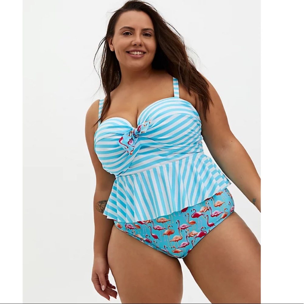 AQUA BLUE STRIPE TIE FRONT UNDERWIRE PEPLUM MIDKINI SWIM TOP